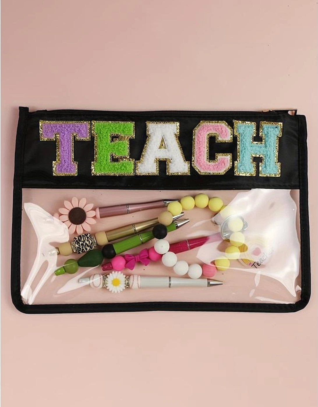 Black TEACH Glitter Chenille Clear PVC Makeup Bag