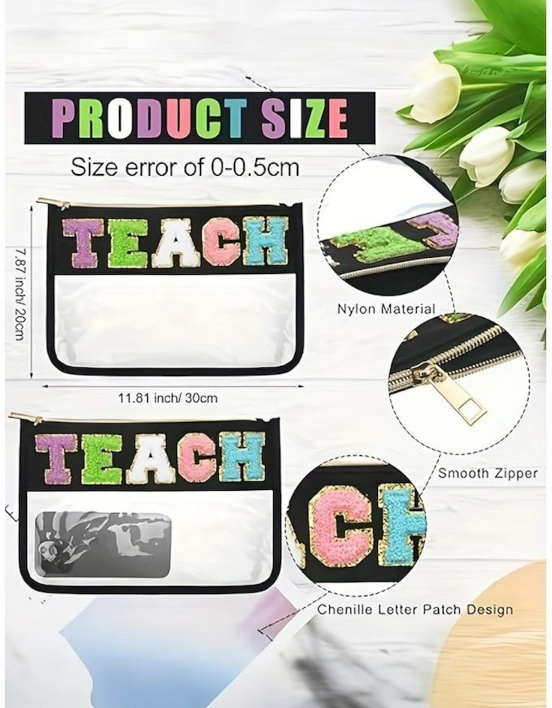 Black TEACH Glitter Chenille Clear PVC Makeup Bag