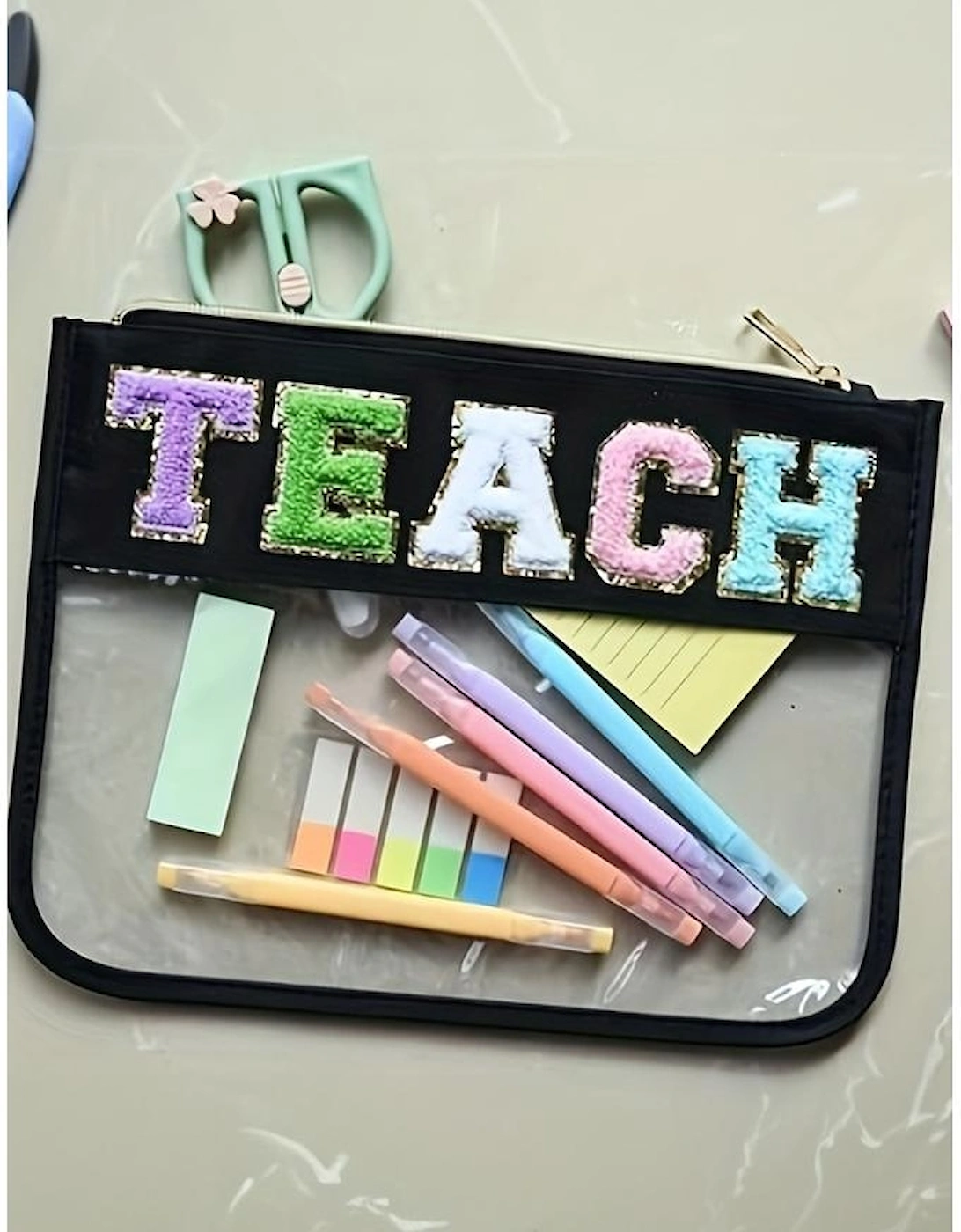 Black TEACH Glitter Chenille Clear PVC Makeup Bag