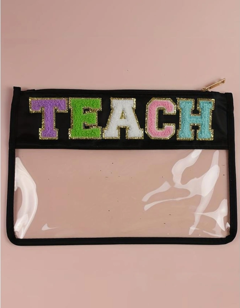 Black TEACH Glitter Chenille Clear PVC Makeup Bag