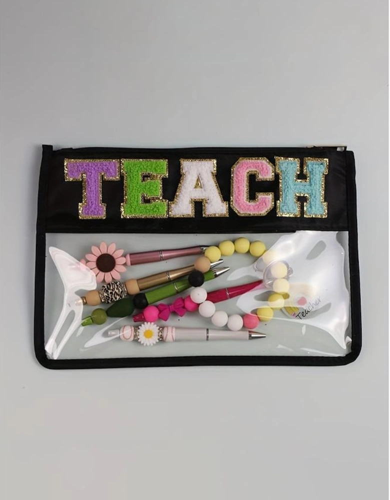 Black TEACH Glitter Chenille Clear PVC Makeup Bag