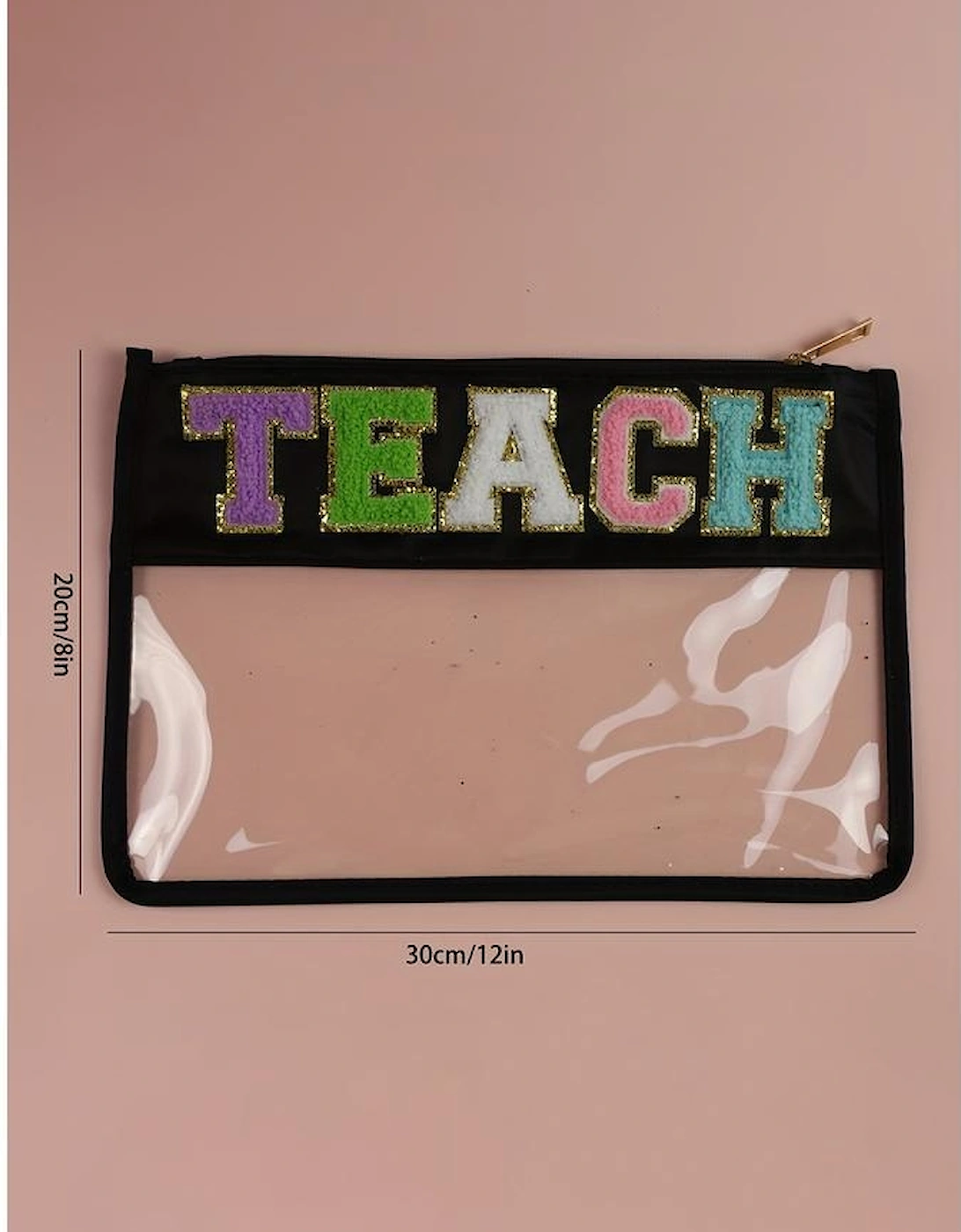 Black TEACH Glitter Chenille Clear PVC Makeup Bag