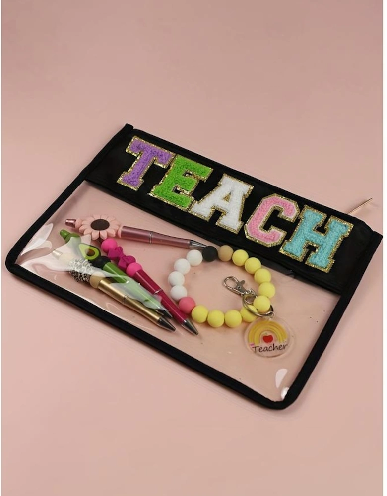 Black TEACH Glitter Chenille Clear PVC Makeup Bag