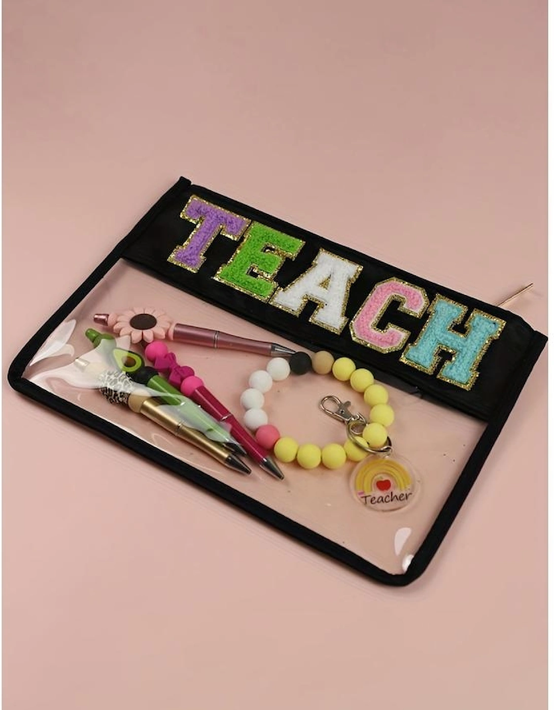 Black TEACH Glitter Chenille Clear PVC Makeup Bag
