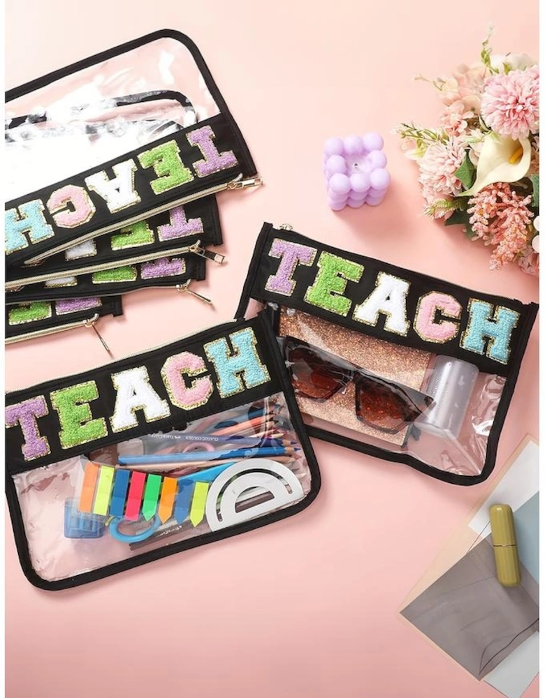 Black TEACH Glitter Chenille Clear PVC Makeup Bag