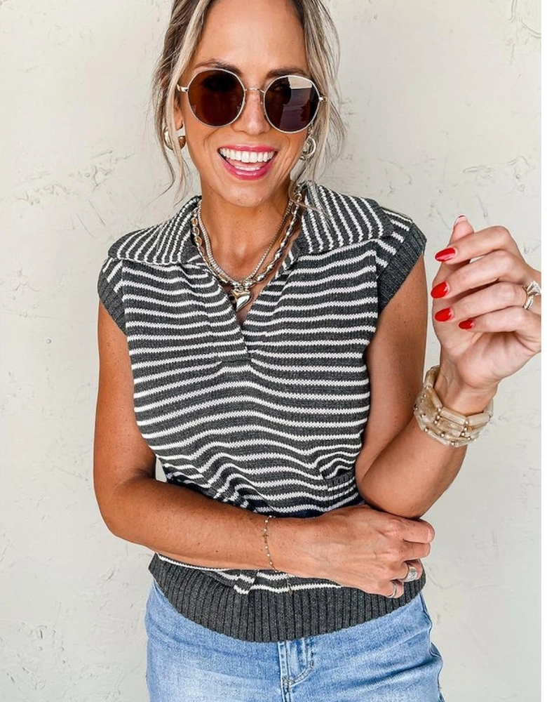 Gray Stripe Collared V Neck Sweater Vest with Pockets