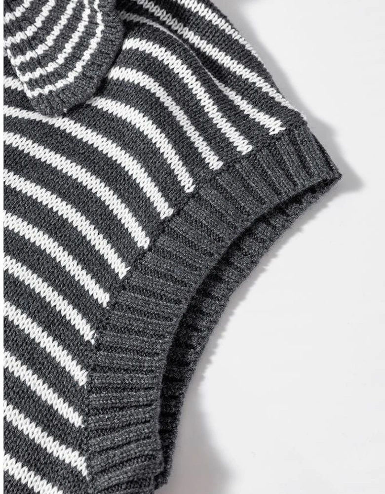 Gray Stripe Collared V Neck Sweater Vest with Pockets