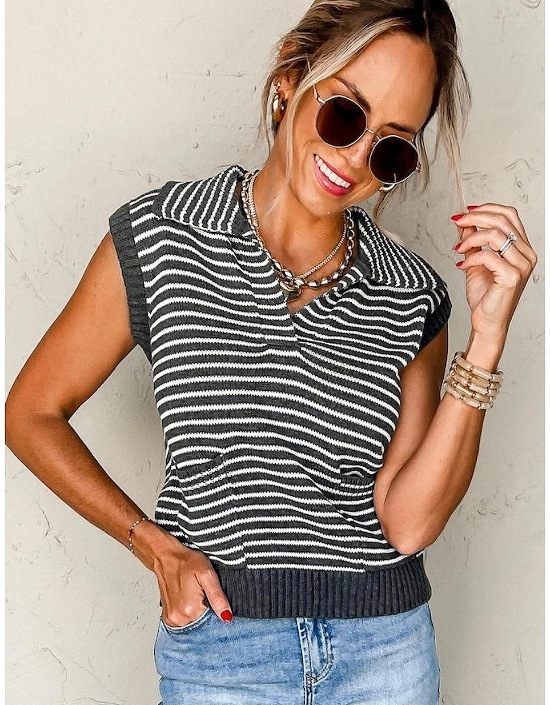 Gray Stripe Collared V Neck Sweater Vest with Pockets
