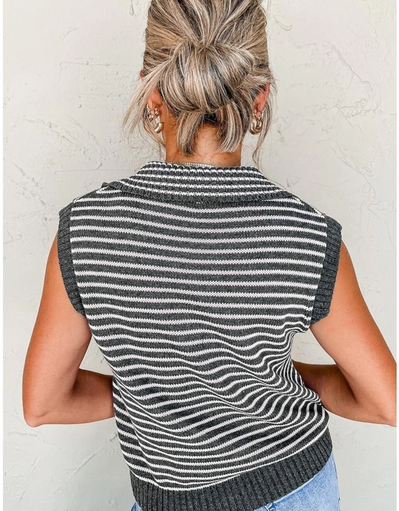 Gray Stripe Collared V Neck Sweater Vest with Pockets