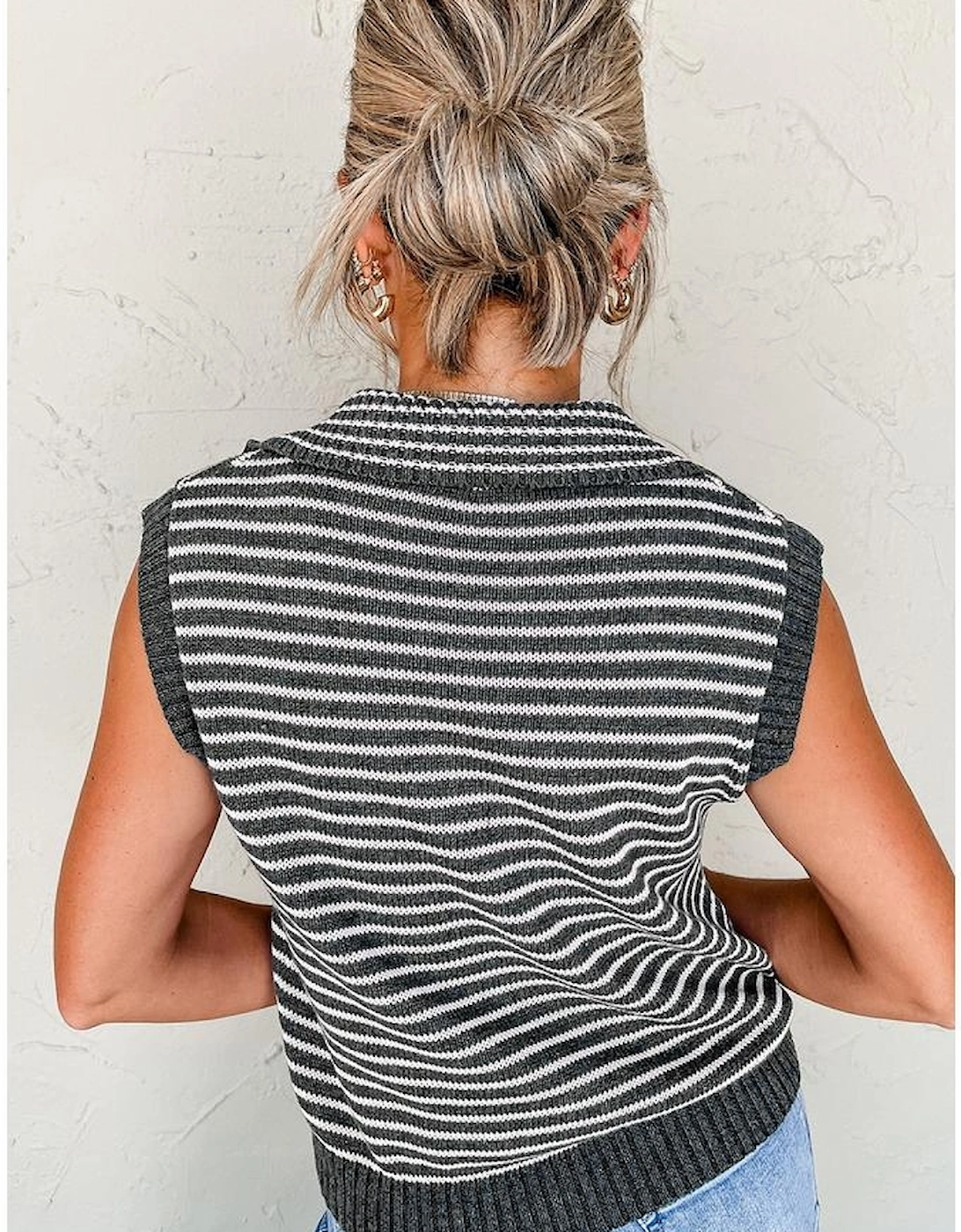 Gray Stripe Collared V Neck Sweater Vest with Pockets