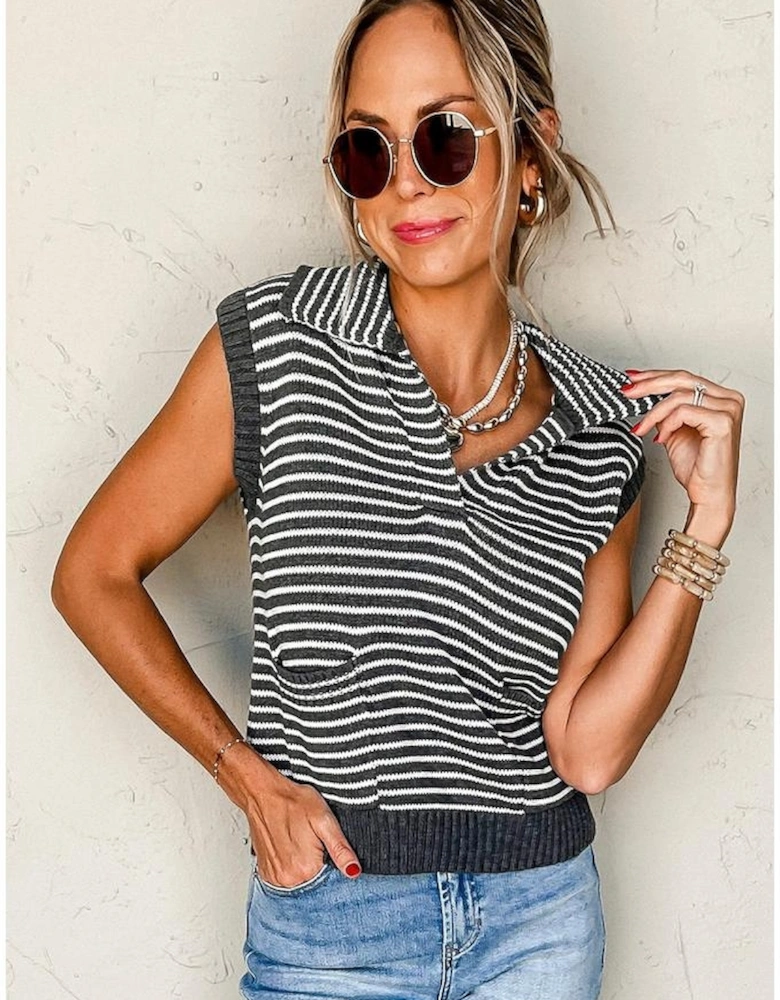 Gray Stripe Collared V Neck Sweater Vest with Pockets