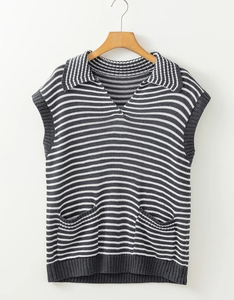 Gray Stripe Collared V Neck Sweater Vest with Pockets