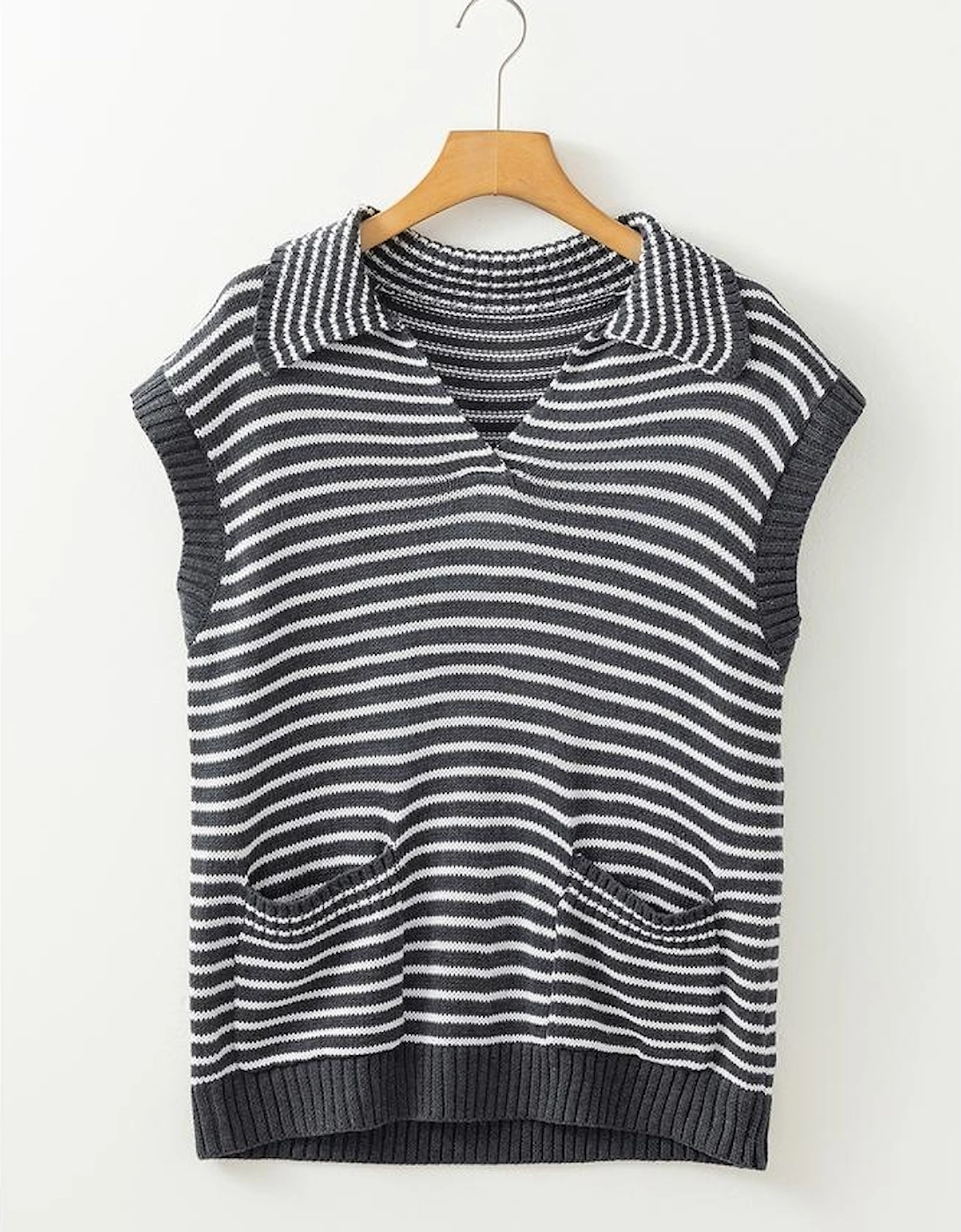 Gray Stripe Collared V Neck Sweater Vest with Pockets