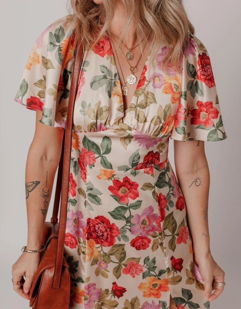 Multicolour Vintage Floral V Neck Short Sleeve Tie Back Long Slit Dress