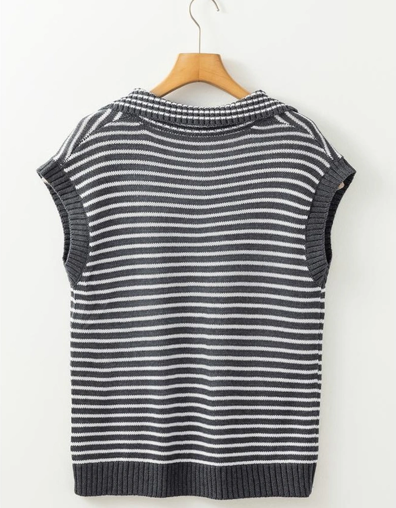 Gray Stripe Collared V Neck Sweater Vest with Pockets