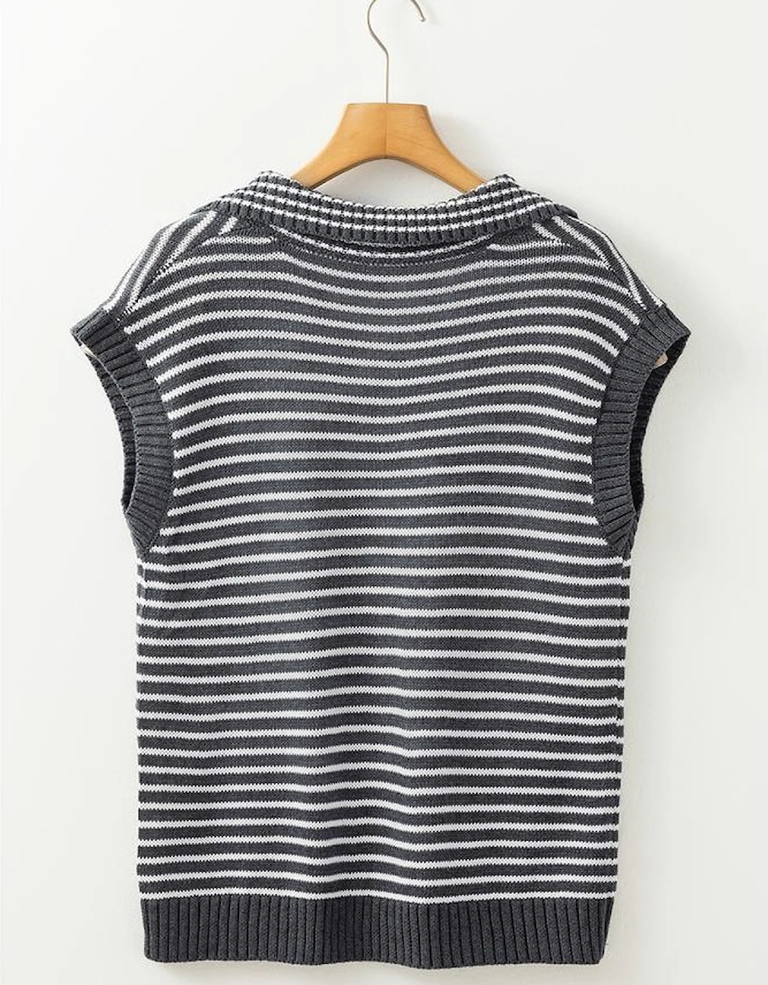 Gray Stripe Collared V Neck Sweater Vest with Pockets