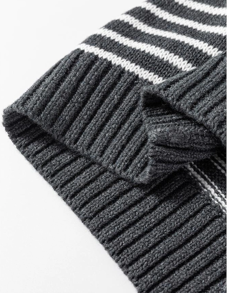 Gray Stripe Collared V Neck Sweater Vest with Pockets