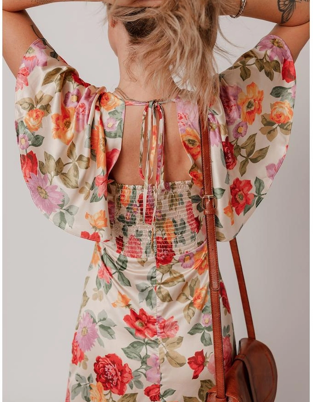 Multicolour Vintage Floral V Neck Short Sleeve Tie Back Long Slit Dress