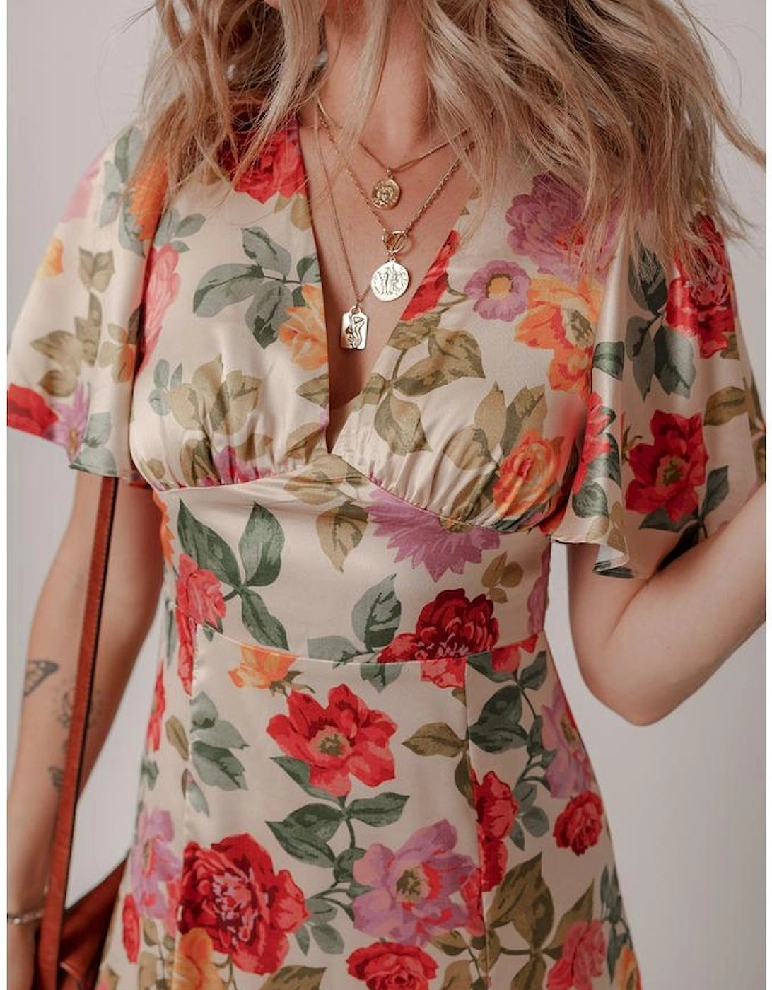 Multicolour Vintage Floral V Neck Short Sleeve Tie Back Long Slit Dress