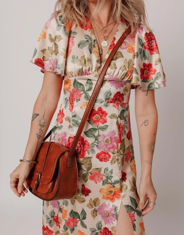 Multicolour Vintage Floral V Neck Short Sleeve Tie Back Long Slit Dress