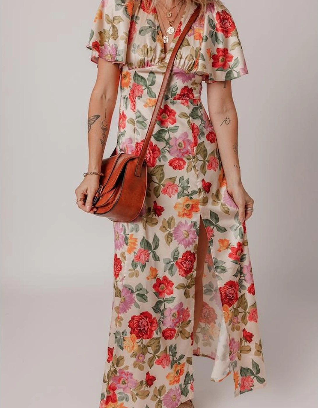 Multicolour Vintage Floral V Neck Short Sleeve Tie Back Long Slit Dress