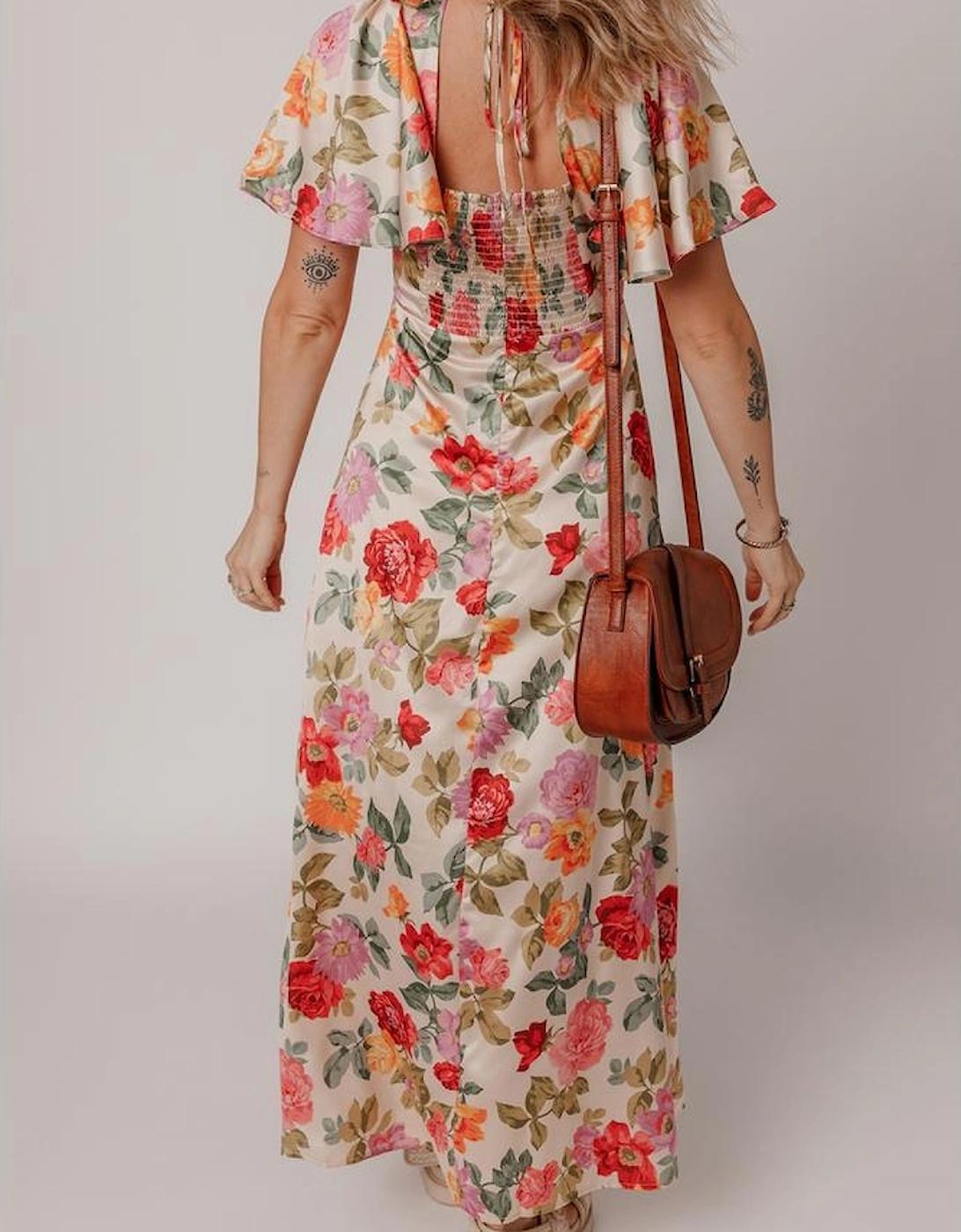 Multicolour Vintage Floral V Neck Short Sleeve Tie Back Long Slit Dress