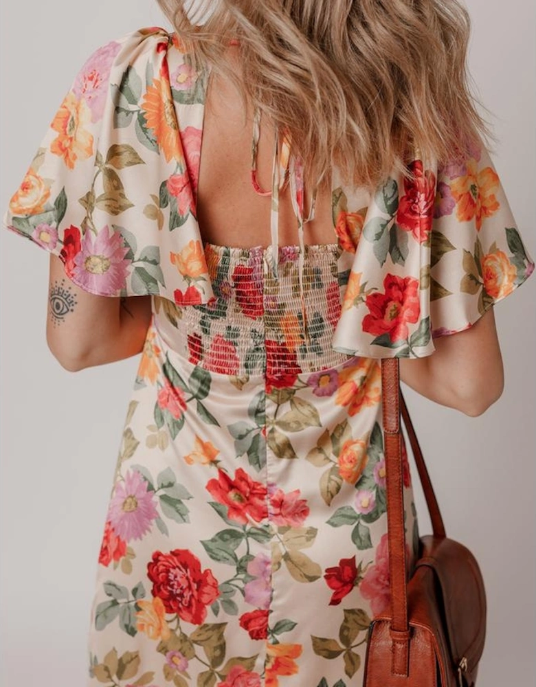 Multicolour Vintage Floral V Neck Short Sleeve Tie Back Long Slit Dress