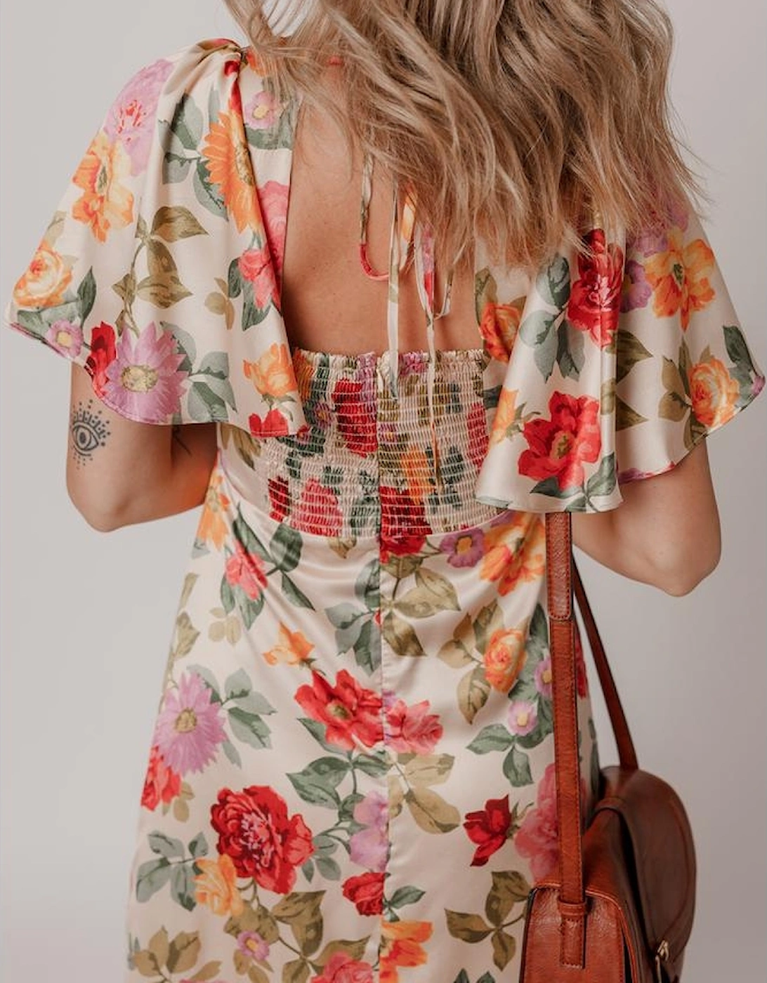 Multicolour Vintage Floral V Neck Short Sleeve Tie Back Long Slit Dress