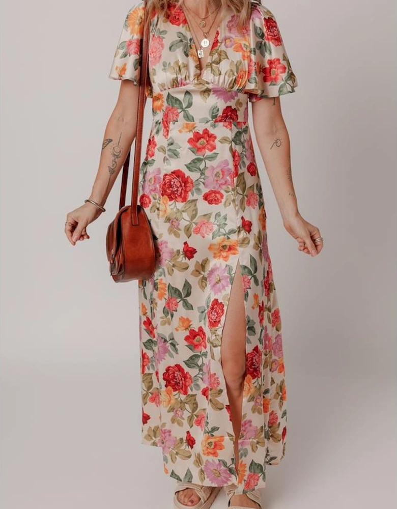 Multicolour Vintage Floral V Neck Short Sleeve Tie Back Long Slit Dress