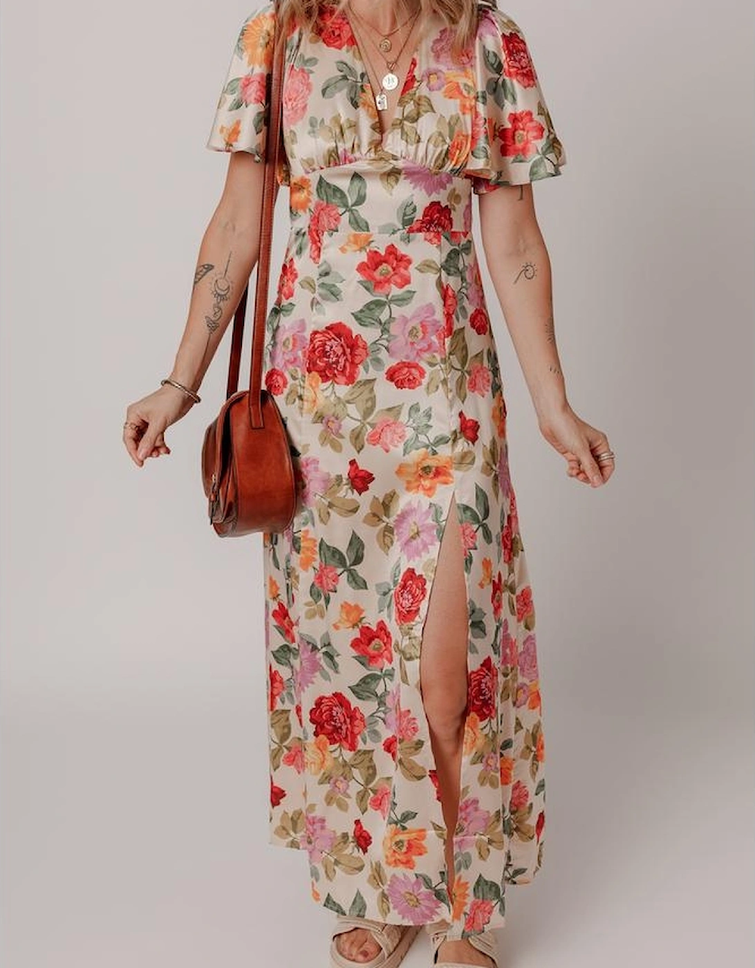 Multicolour Vintage Floral V Neck Short Sleeve Tie Back Long Slit Dress, 10 of 9