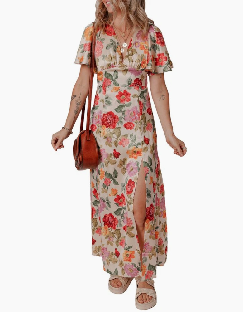 Multicolour Vintage Floral V Neck Short Sleeve Tie Back Long Slit Dress