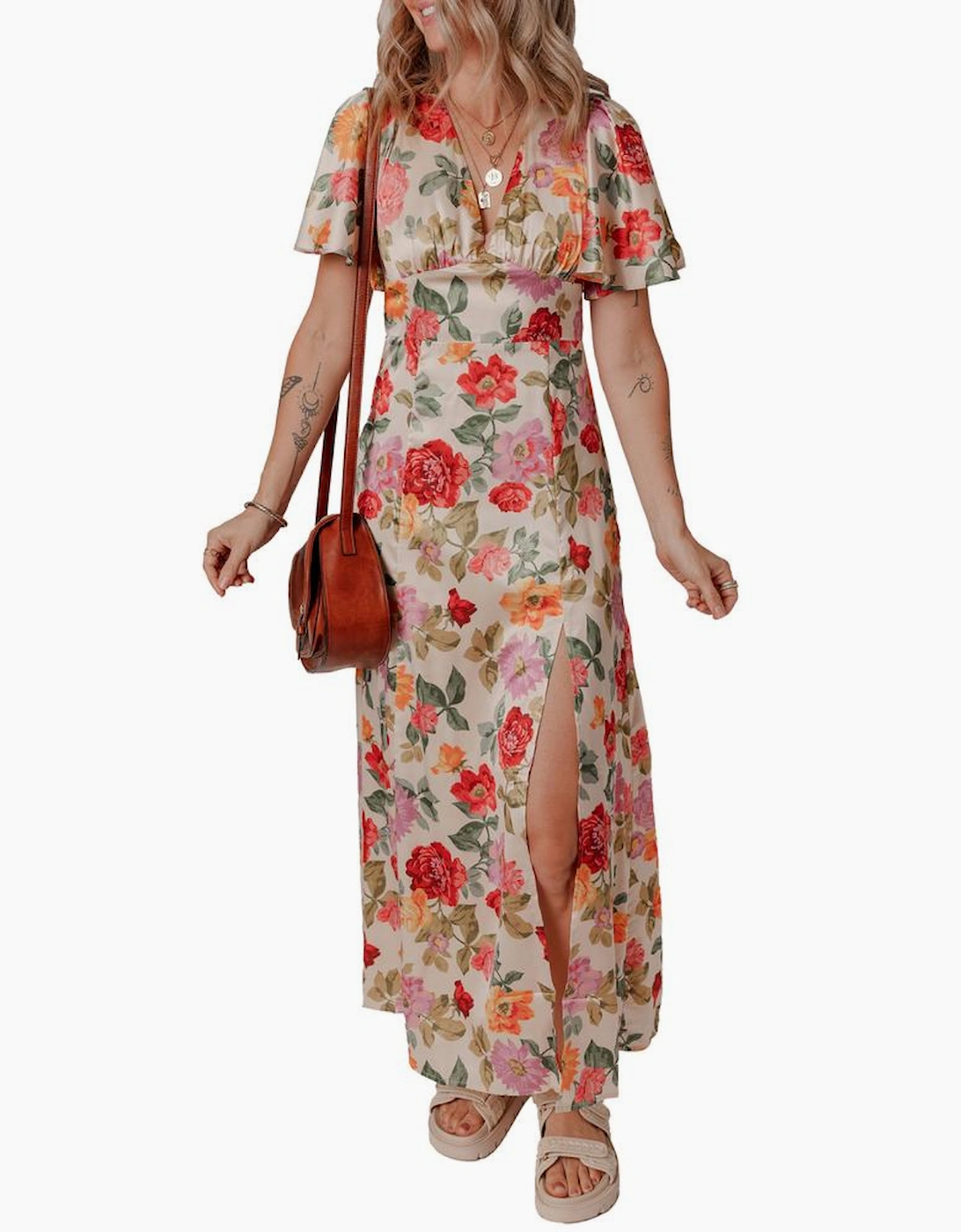 Multicolour Vintage Floral V Neck Short Sleeve Tie Back Long Slit Dress