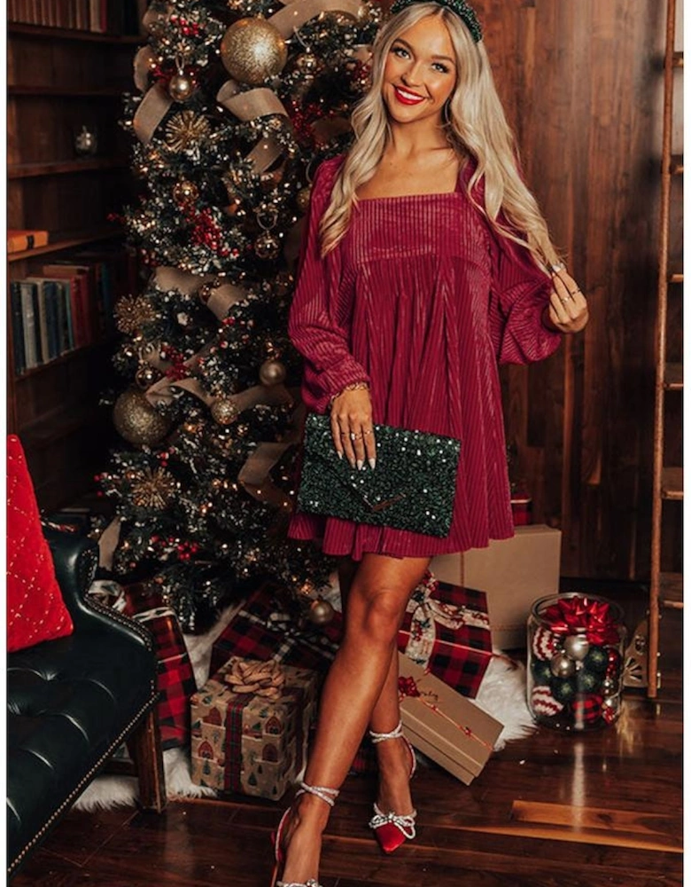 Red Tie Back Square Neck Velvet Babydoll Dress