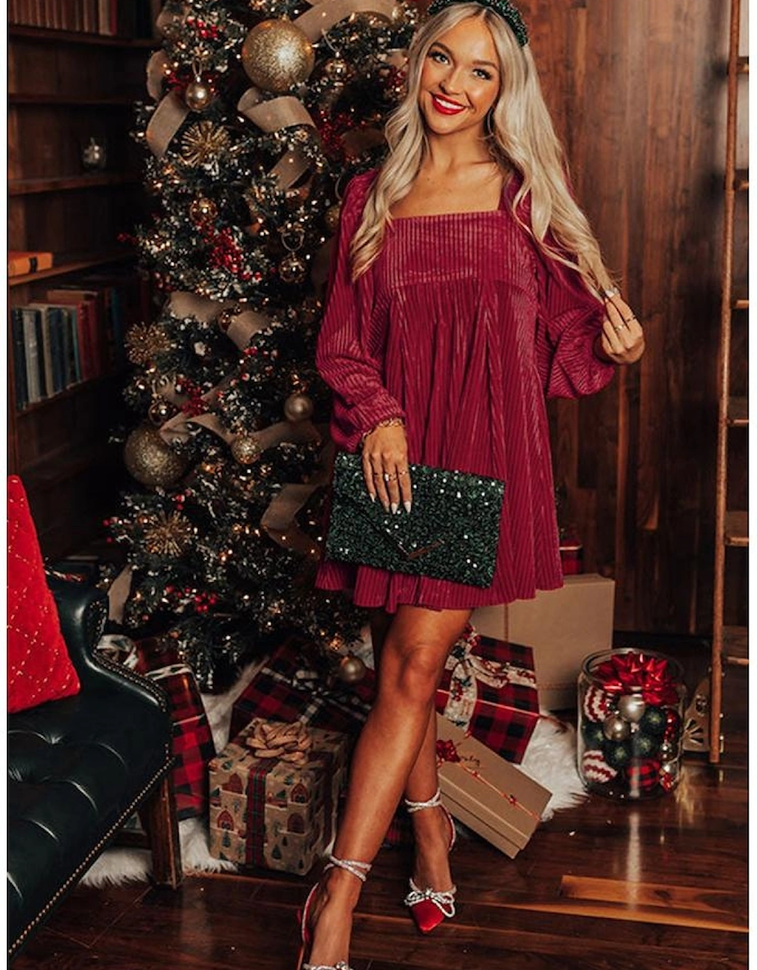 Red Tie Back Square Neck Velvet Babydoll Dress