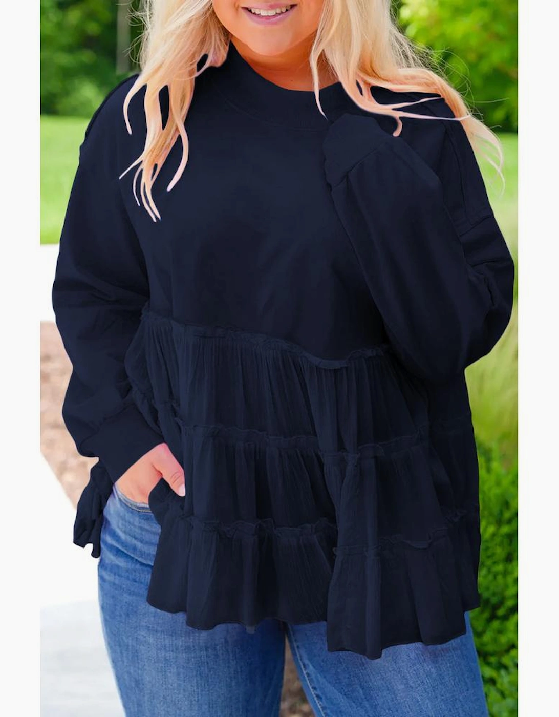 Navy Blue Tiered Ruffle Ribbed Crew Neck Pullover Plus Size Top