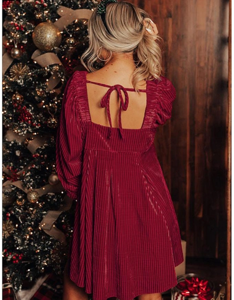 Red Tie Back Square Neck Velvet Babydoll Dress