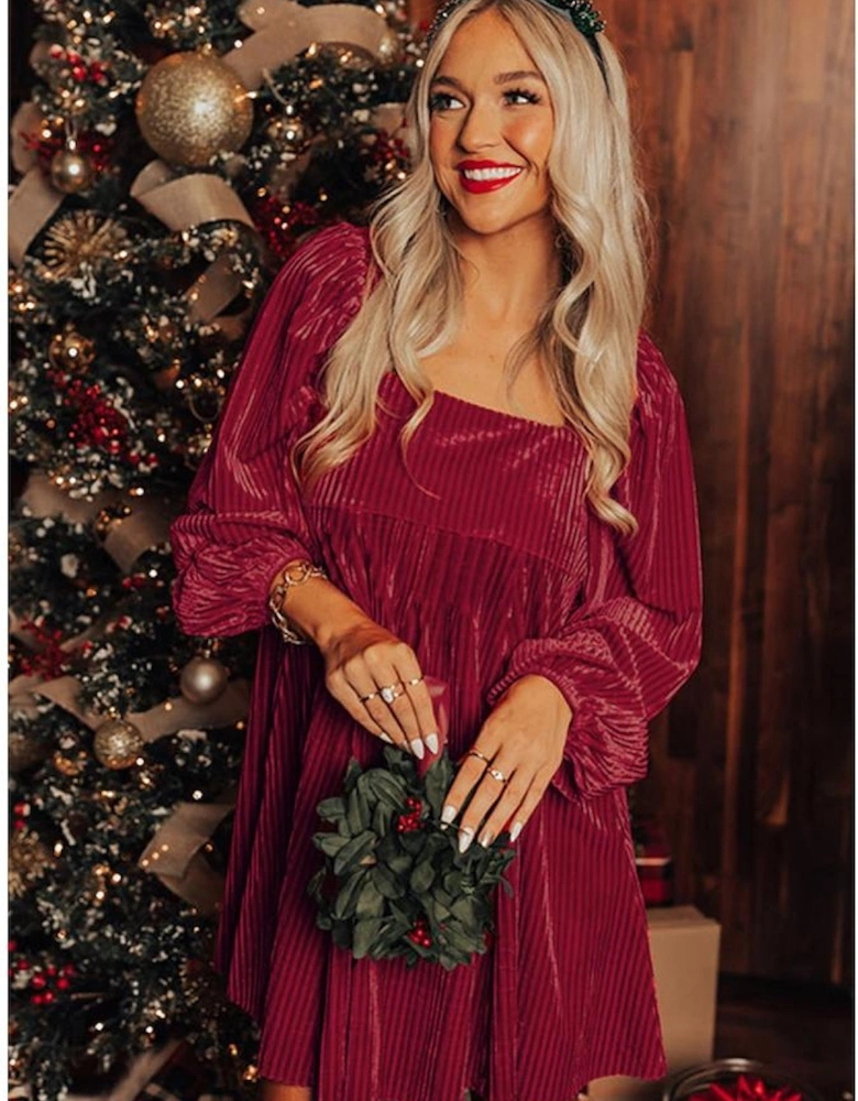 Red Tie Back Square Neck Velvet Babydoll Dress