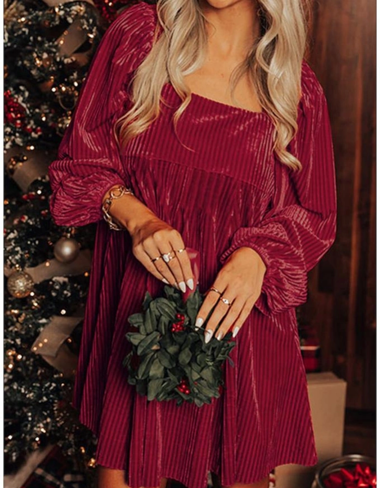 Red Tie Back Square Neck Velvet Babydoll Dress