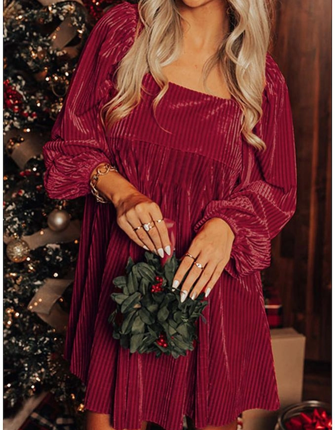 Red Tie Back Square Neck Velvet Babydoll Dress