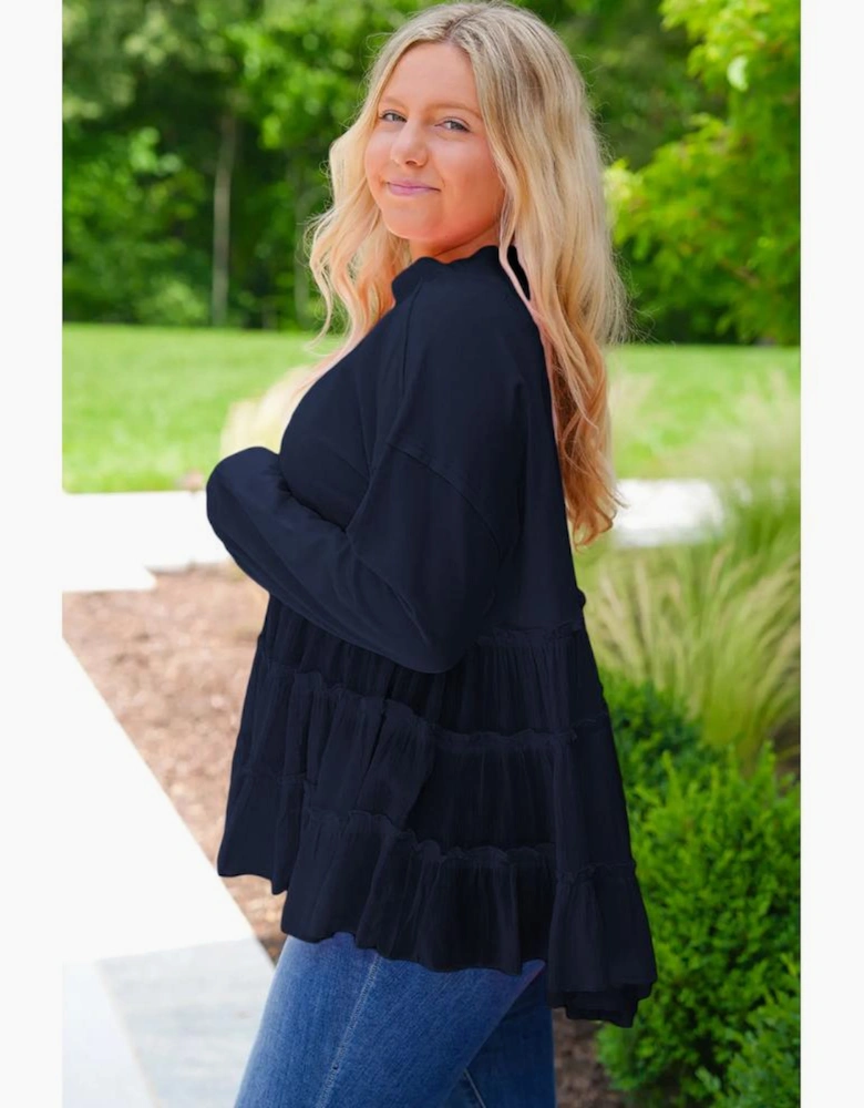Navy Blue Tiered Ruffle Ribbed Crew Neck Pullover Plus Size Top