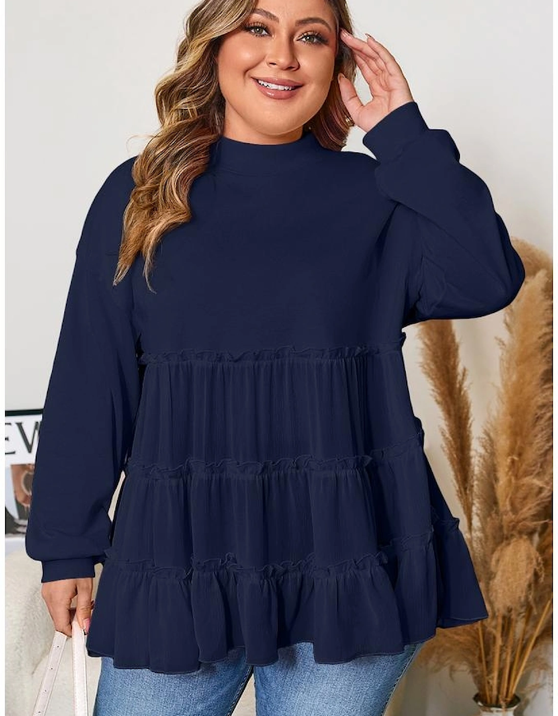 Navy Blue Tiered Ruffle Ribbed Crew Neck Pullover Plus Size Top