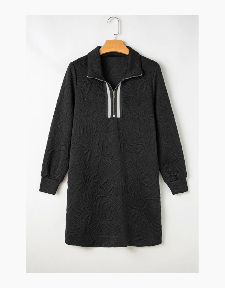 Black Jacquard Textured Quarter Zipper Shift Mini Dress