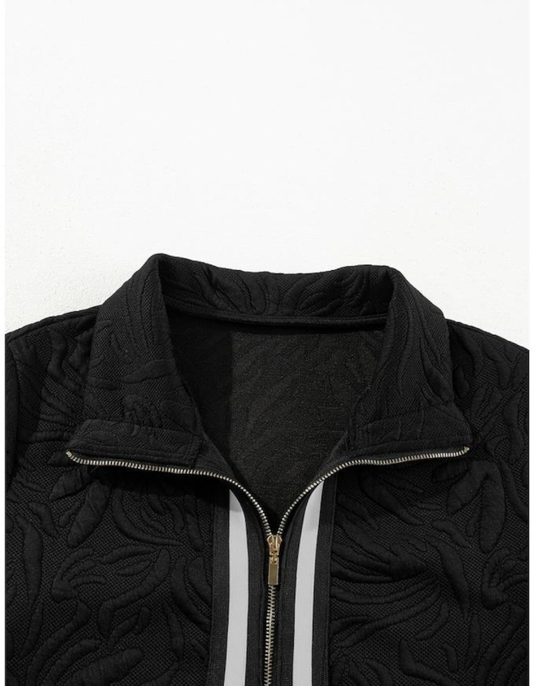 Black Jacquard Textured Quarter Zipper Shift Mini Dress