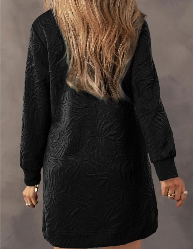 Black Jacquard Textured Quarter Zipper Shift Mini Dress