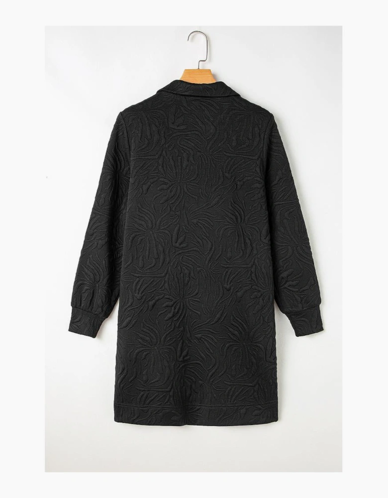 Black Jacquard Textured Quarter Zipper Shift Mini Dress