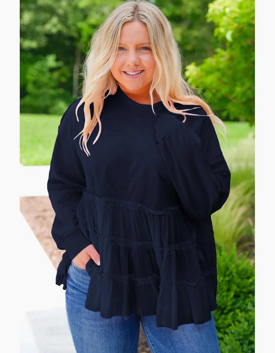 Navy Blue Tiered Ruffle Ribbed Crew Neck Pullover Plus Size Top