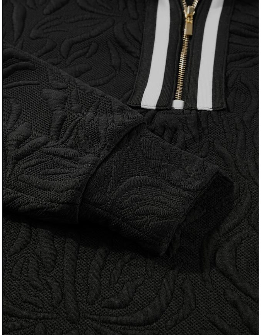 Black Jacquard Textured Quarter Zipper Shift Mini Dress