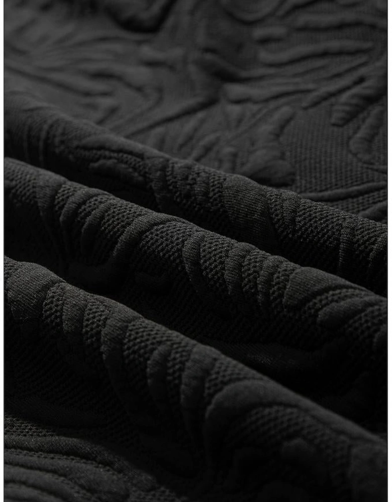 Black Jacquard Textured Quarter Zipper Shift Mini Dress