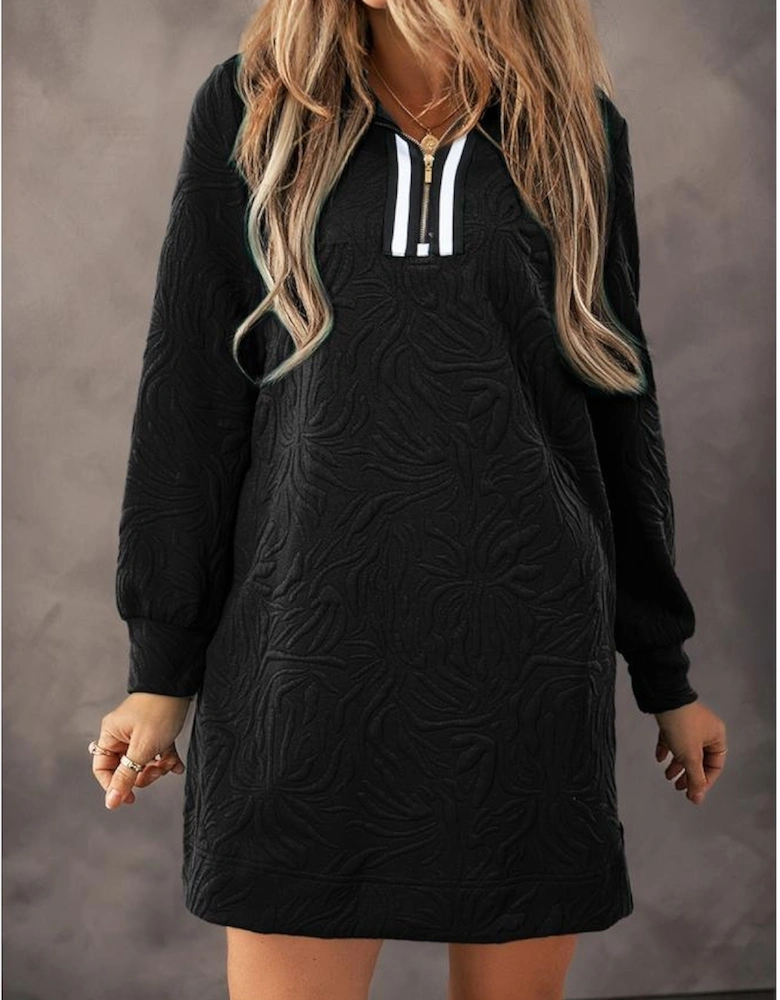 Black Jacquard Textured Quarter Zipper Shift Mini Dress