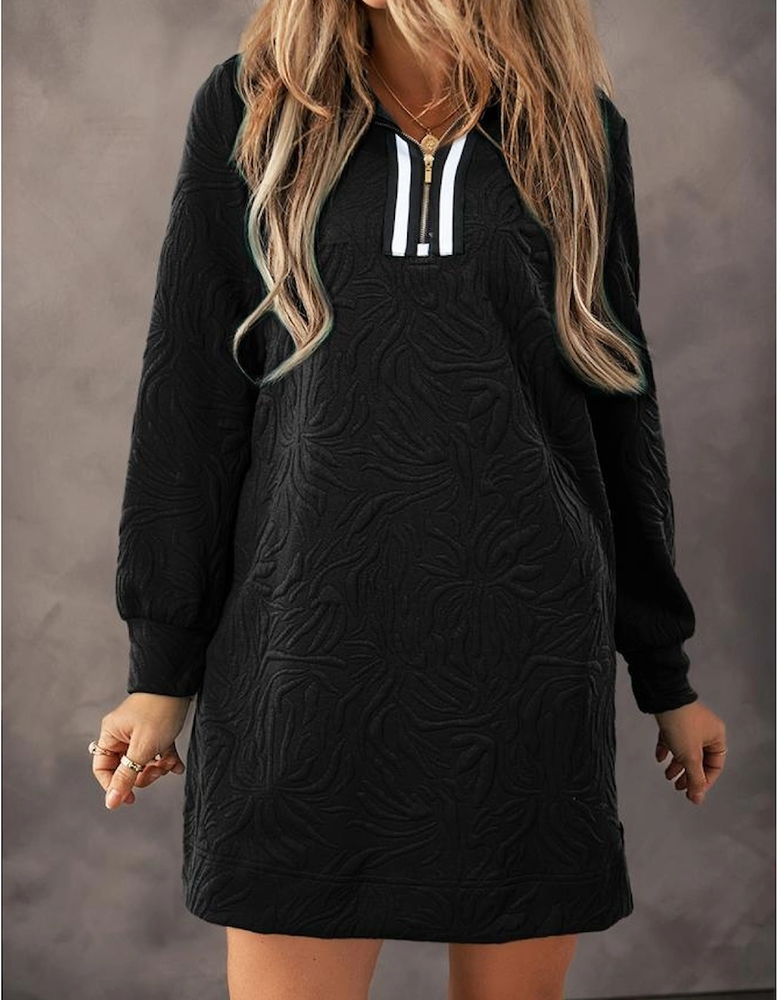 Black Jacquard Textured Quarter Zipper Shift Mini Dress